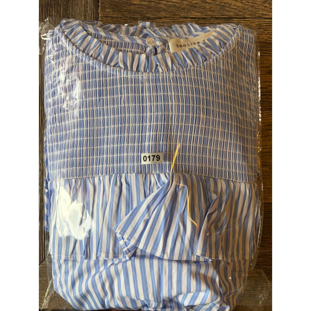English Factory Blue White Striped Smocked Ruffle Puff Sleeve Top - Picture 6 of 6